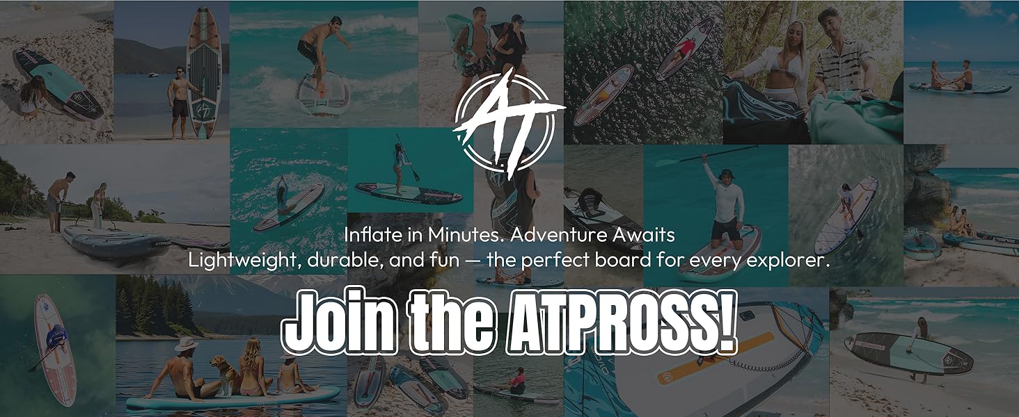 Collage d'activités nautiques mettant en vedette des paddleboards. Le logo central et le texte font la promotion des planches à pagaie gonflables « jardinito », mettant l'accent sur les caractéristiques légères, durables et amusantes des loisirs nautiques