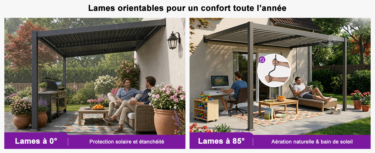 Le texte indique « Leisure 4 » et « Leisure 5 ». Composite montrant la configuration de l'auvent de terrasse extérieure et la configuration intérieure de la chambre à coucher et de la zone de couchage du camping-car.