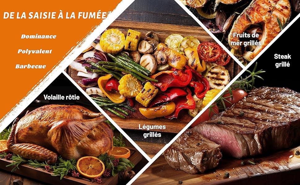 Le texte se lit comme suit : « DE LA SAISIE A LA FUMÉE ». Collage de photographies culinaires montrant des viandes et des légumes grillés sur des panneaux diagonaux avec une superposition de fond orange.