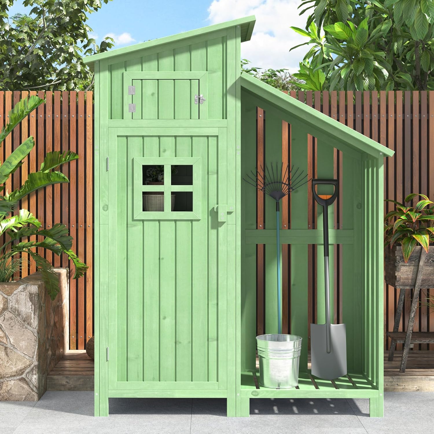 Abri de Jardin en Bois, Cabane de Jardin avec PVC à Structure en Forme de Selle, Coffre de Jardin avec Fondation et 2 étagères de Rangement, Armoire Outils de Jardinage, 124x46x174cm Vert