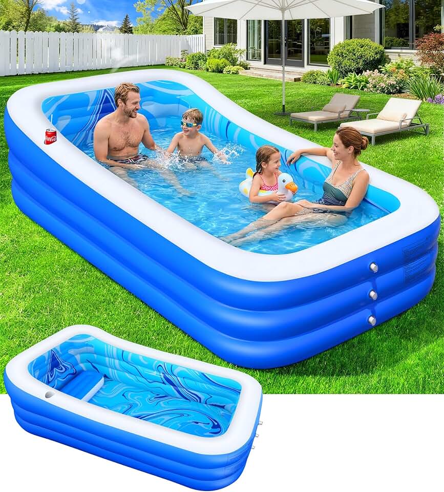 jardinito Piscine Gonflable Adulte, Piscine Familiale avec Siège et Dossier, 0.5mm Épaissi Piscines Rectangulaire Gonflable avec Porte-Gobelet, 250*160*63cm Pataugeoire Grande Piscines Gonflable Jardin
