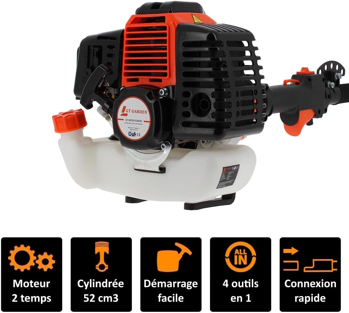 jardinito - 4 en 1 thermique - multifonction - tronçonneuse, débroussailleuse, taille-haies, rallonge