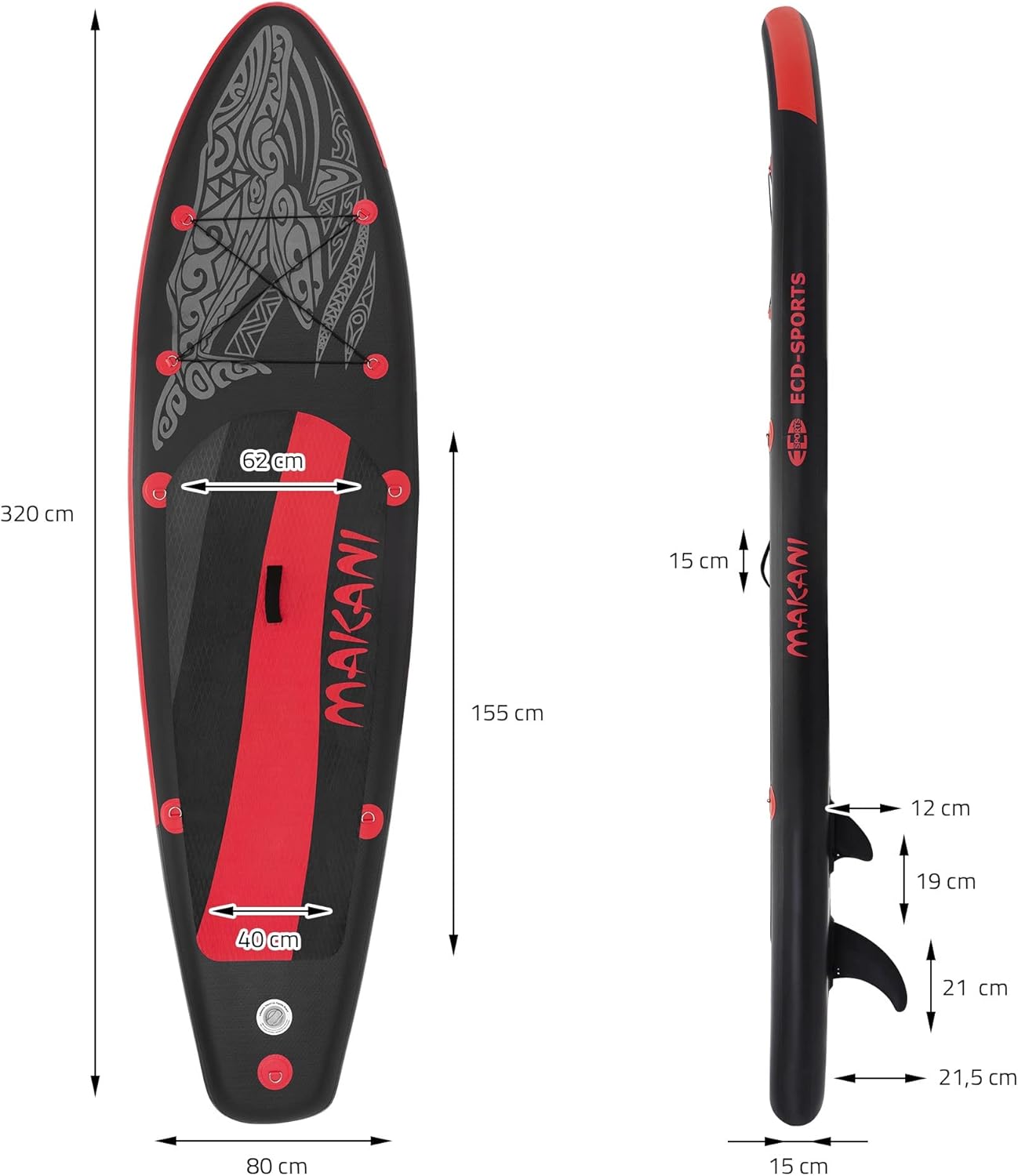 jardinito - Stand Up Paddle Board - 305/308/320/380 cm - PVC, 120/150 kg, 10/15 cm d'épaisseur
