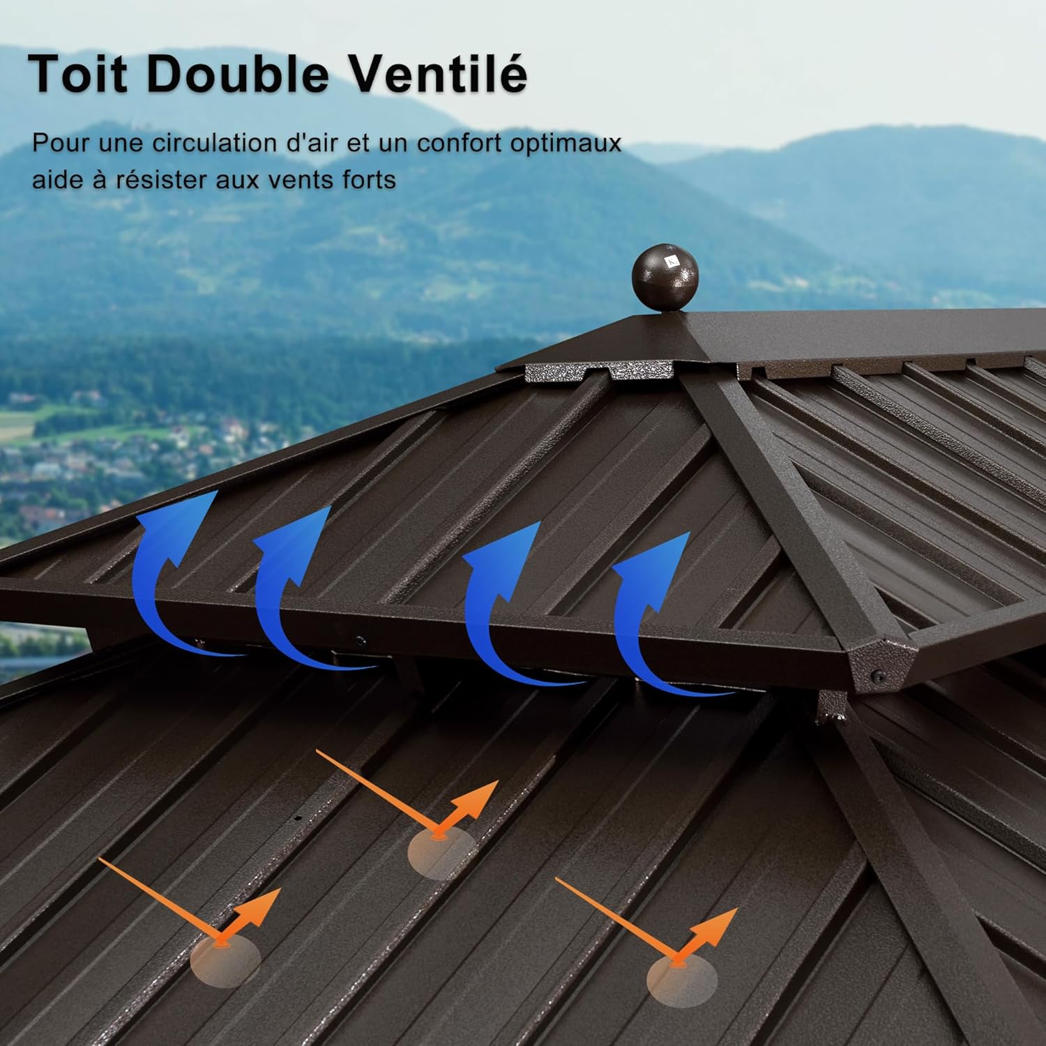 jardinito - tonnelle jardin extérieur - 6x3,65m - alu, éclairage, rideaux, gouttière, poteaux renforcés, bronze