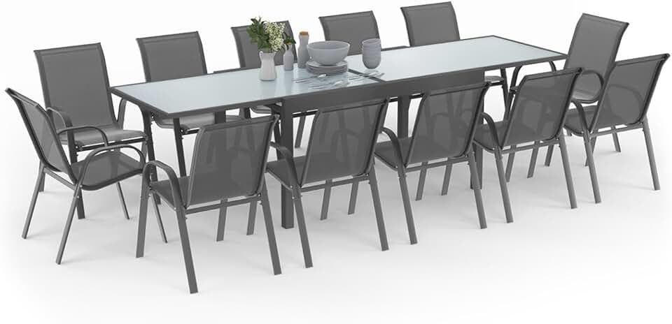 jardinito - Madrid salon jardin, table extensible 135-270 cm, 12 chaises empilables, gris anthracite