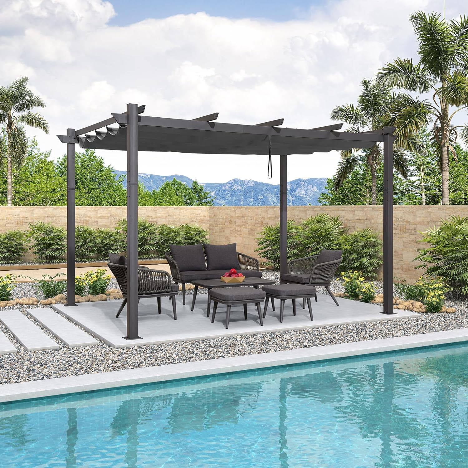 jardinito - Pergola aluminium, 3,65x3m, toile coulissante, gris