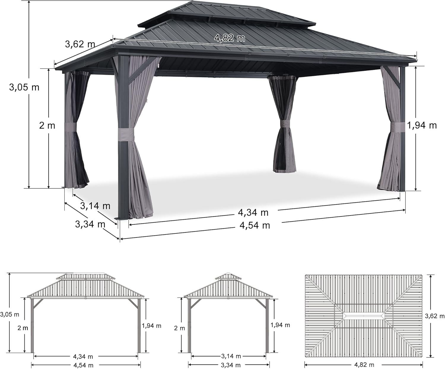 jardinito - pergola série double toit - 4,85x3,65 m - alu acier, rideaux, moustiquaire