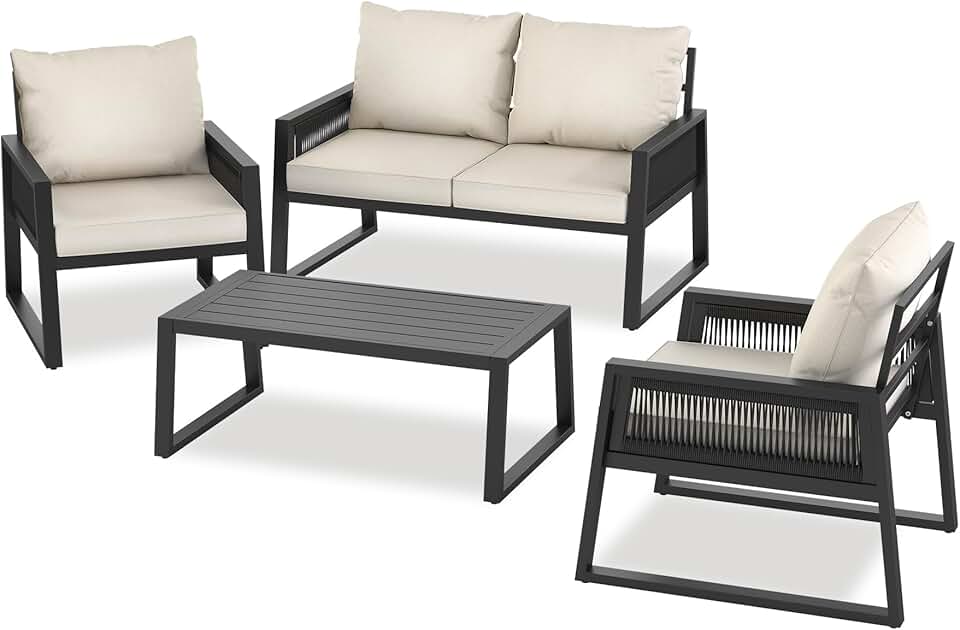jardinito - Salon jardin alu 4 places, canapé, fauteuils, table, coussins inclus