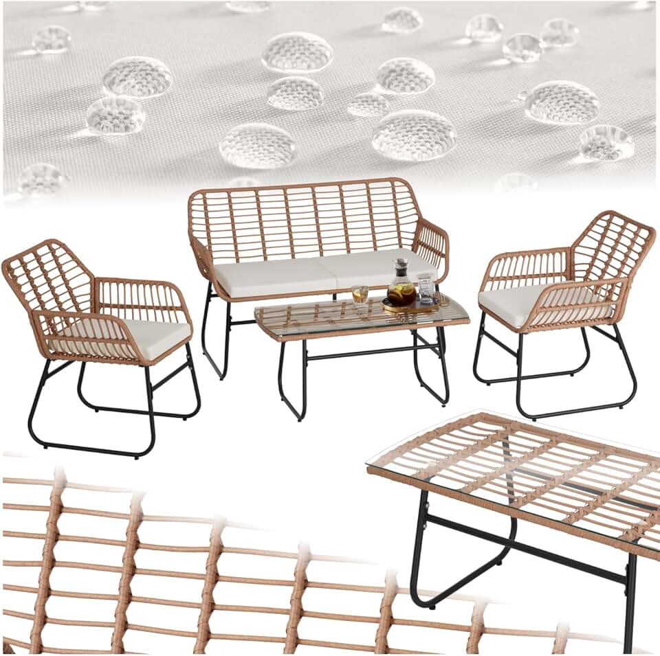 jardinito - salon de jardin poly rotin 4 pcs, coussins, plateau verre 401206