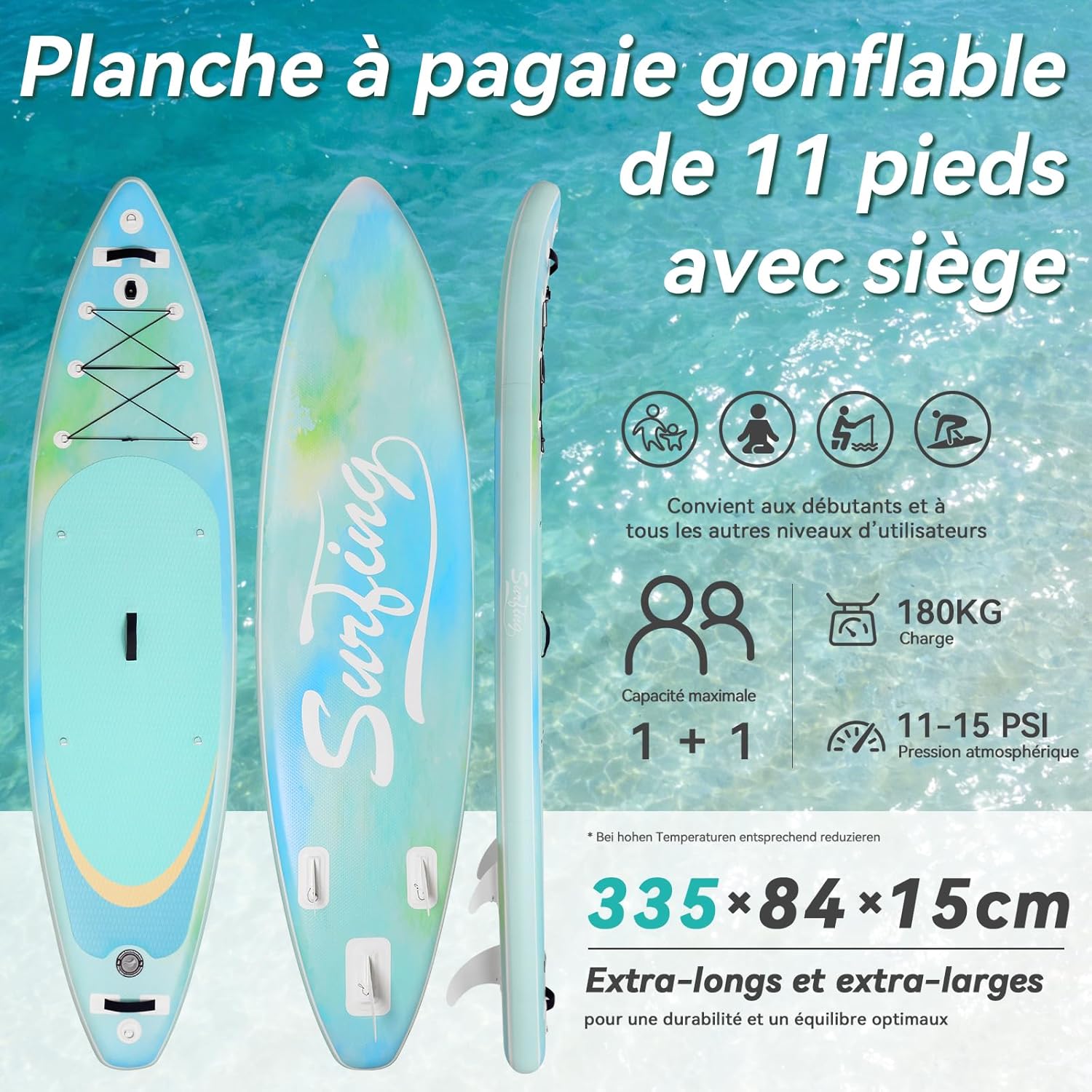 jardinito - paddle gonflable adulte - 320/335cm - 2 places, siège kayak, pagaie alu, support caméra, pompe, 150 kg