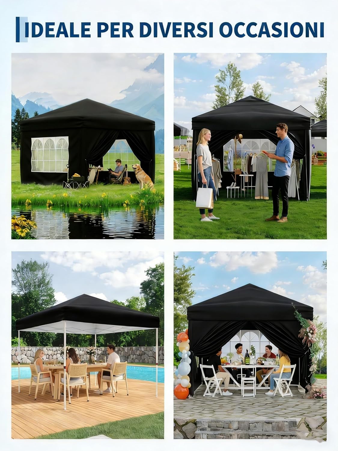 Gravee Tonnelle Pliante 3x3m Gris avec Parois Latérales, Imperméable et Anti-UV, Tente Pop-Up Robuste avec Sac de Transport pour Jardin (Noir, 3x3m)