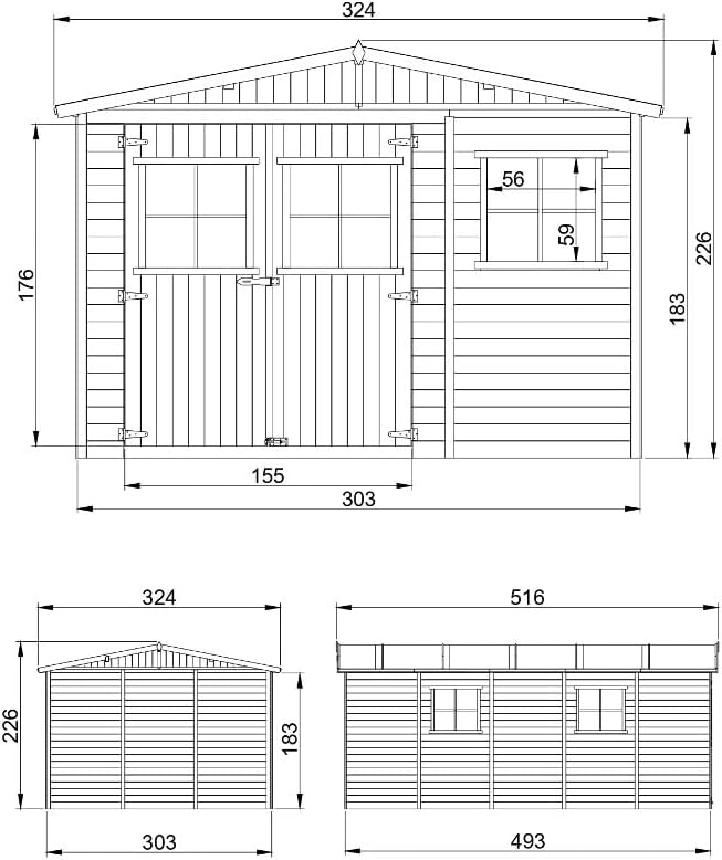 ABRI de Jardin en Bois Exterieur avec Les PLANCHERS IMPRÉGNÉ - Chalet en Pin/épicéa- H226x324x516 cm/15 m²- Construction de Panneaux- Rangement pour vélos, Remise à Outils- jardinito M337+M337G