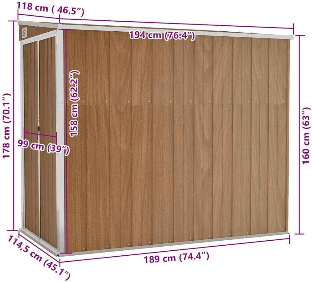 jardinito Abri de Jardin Mural Marron 118x194x178 cm Acier galvanisé, Maison & Jardin, Pelouses & Jardins, Vie en extérieur, Structures extérieures, Cabanes & abris de Jardin, Brun, (Poids 31.54KG)