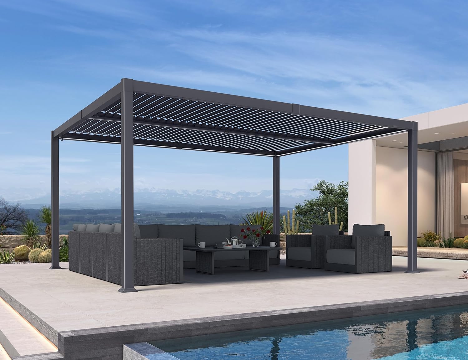 jardinito - Pergola bioclimatique alu 4x4.6m, lames LED, durable