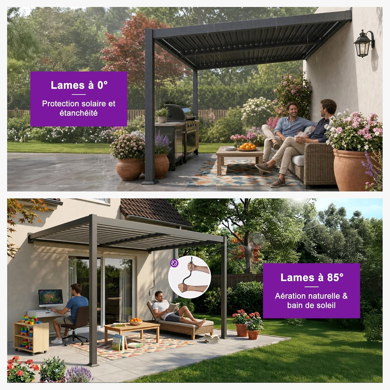 jardinito - Pergola bioclimatique adossée - 2,5x3 m - aluminium, lames orientables, résistante intempéries