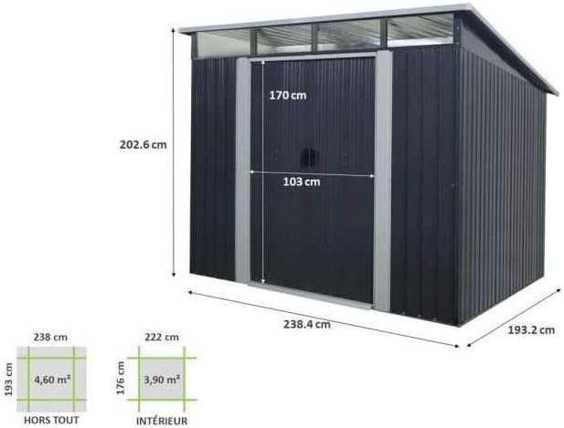 jardinito Abri de Jardin en métal 4,59m² - 2 Portes coulissantes - Gris Anthracite