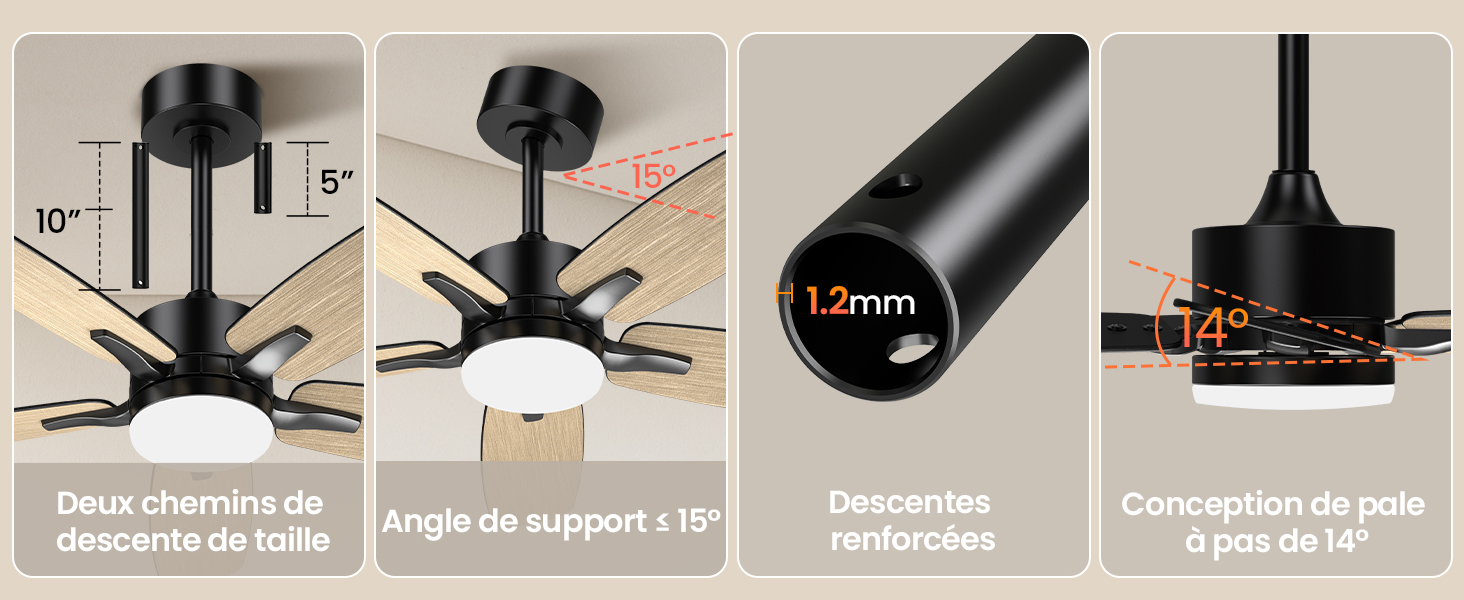 est doté de tiges descendantes réglables de 10 ou 5 pouces, d'un angle de support de 15°, de tiges descendantes renforcées de 12 mm et d'un pas de lame de 14°. Plusieurs panneaux mettent en valeur la flexibilité de l'installation et les détails structurels.