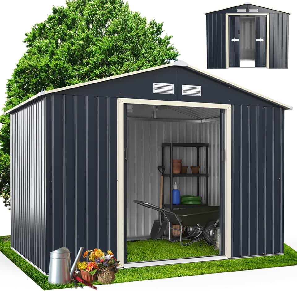 jardinito Abri de Jardin Métal 5m2 avec Porte Coulissante Toit en Pente, Cabane de Jardin Extérieur 277x192x202cm Bricolage Rangement Cananon de Jardin résistant aux intempéries
