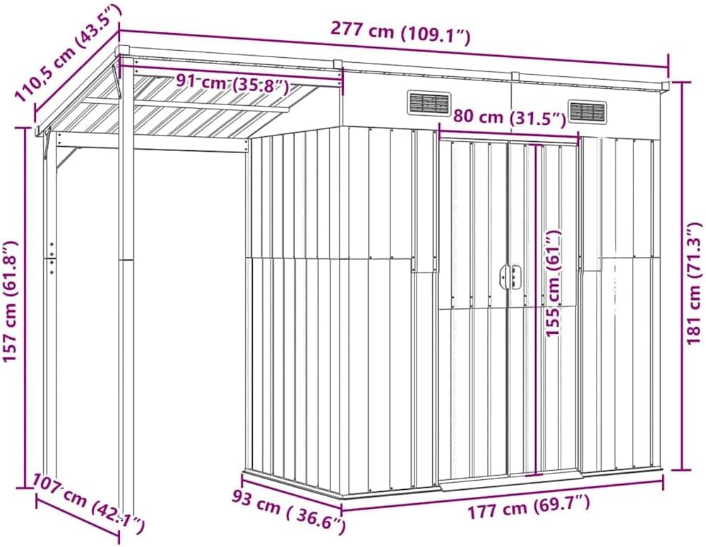 jardinito Abri de Jardin avec Toit prolongé Vert 277x107x181 cm Acier, Maison & Jardin, Pelouses & Jardins, Vie en extérieur, Structures extérieures, Cabanes & abris de Jardin, Vert, (Poids 41.56KG)