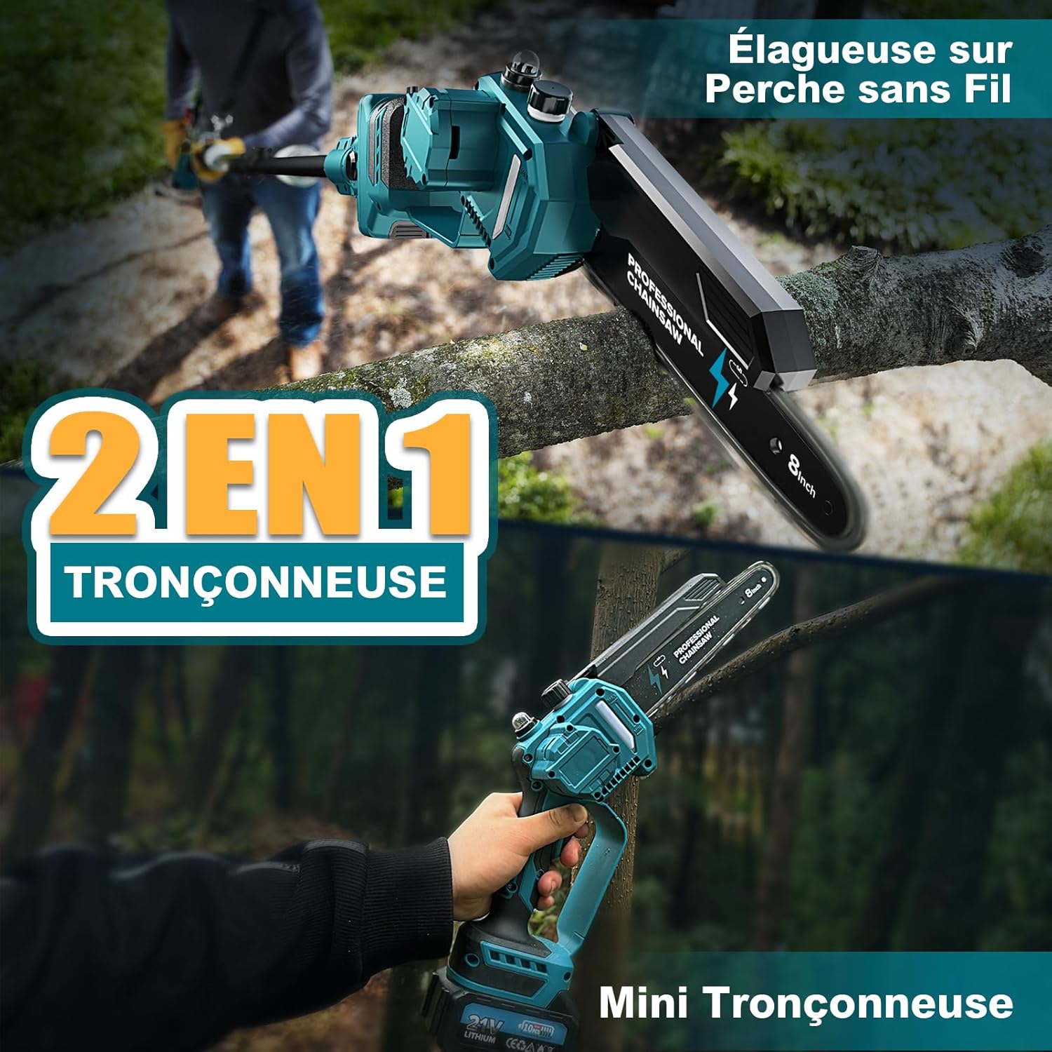 2-en-1 8 Pouces Tronçonneuse Télescopique & Mini Tronçonneuse, Tondeuse Electrique Sans Balais avec 2 Batteries de 4000 mAh, Moteur Brushless, Extension jusqu'à 4.5M