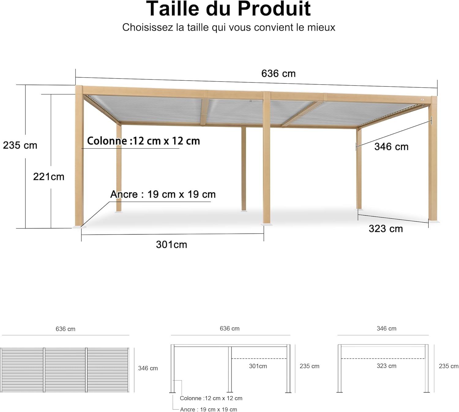 jardinito - Pergola Bioclimatique bois effet alu - 3,5x6,35m - lames orientables, imperméable, extérieur