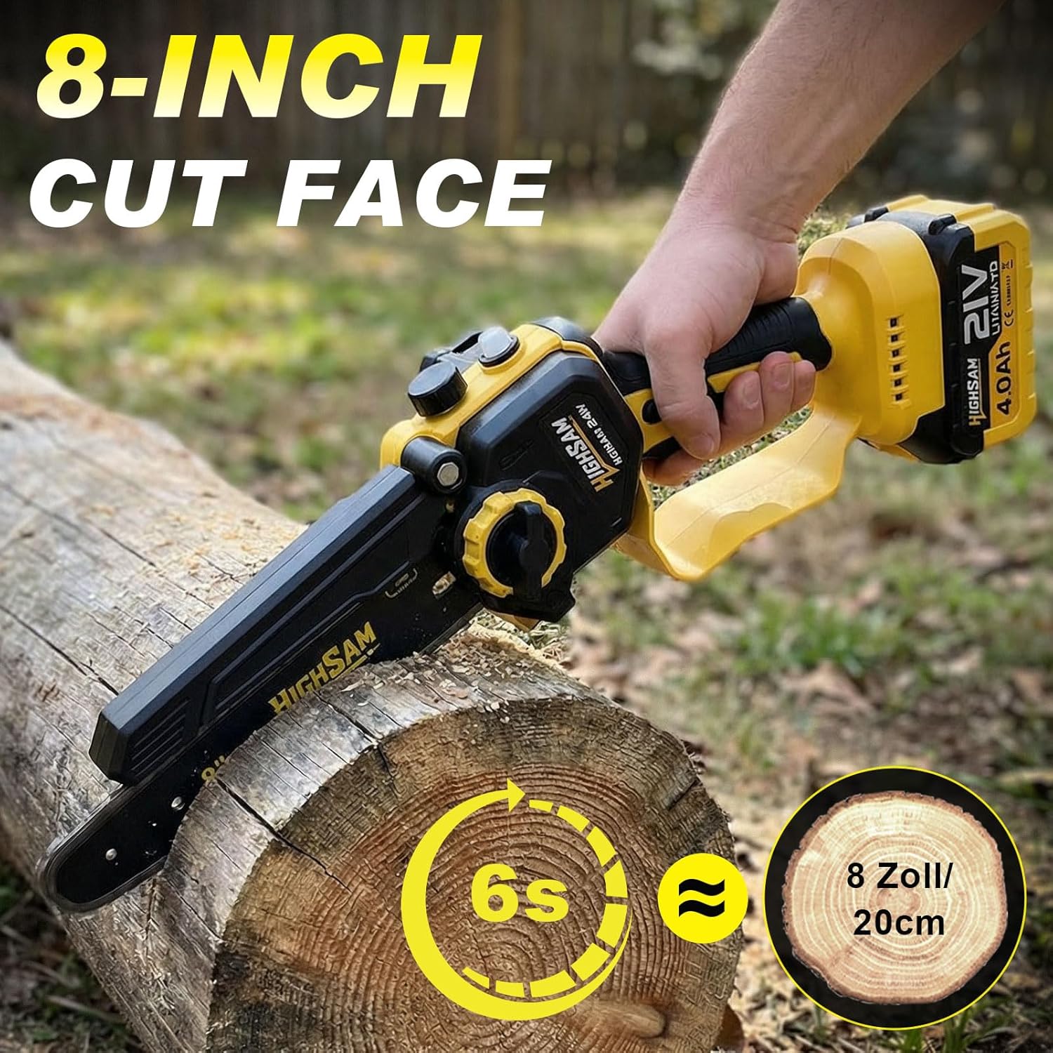 Mini scie à chaîne sans fil 8 pouces, 4-en-1, tige 4,2m, 2x4,0Ah, yel
