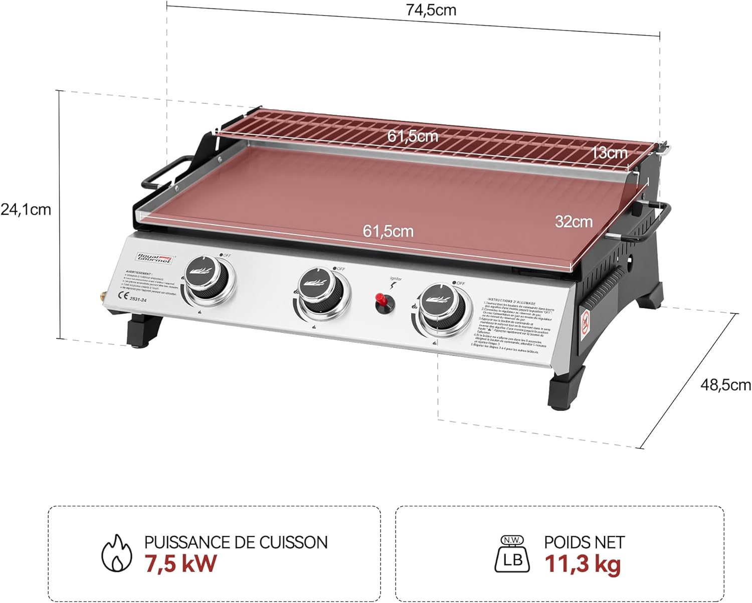 jardinito - Plancha gaz inox 3 brûleurs 61,5x32cm, 7,5kW, usage extérieur