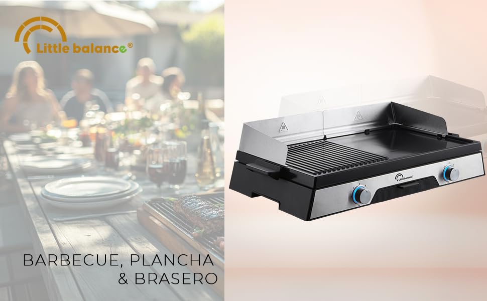 Le texte indique « BARBECUE, PLANCHA & jardinito » avec logo. Plaque chauffante de table noire ou grill portable avec panneau de commande affiché sur le plan de travail.