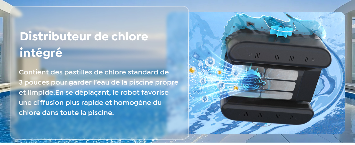 Le texte se lit comme suit : « Distributeur de chlore intégré ». Dispositif d'entretien de piscine présenté dans une bannière teintée en bleu avec illustration technique.
