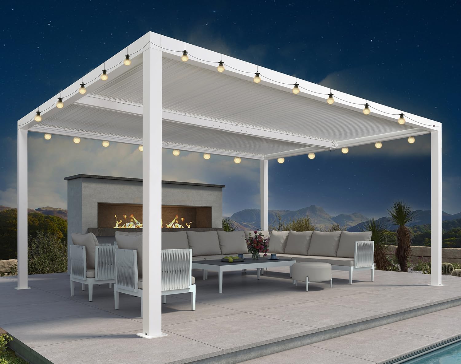 jardinito - Pergola bioclimatique - 4,8x3,68m - lames orientables, éclairage intégré, aluminium, blanc