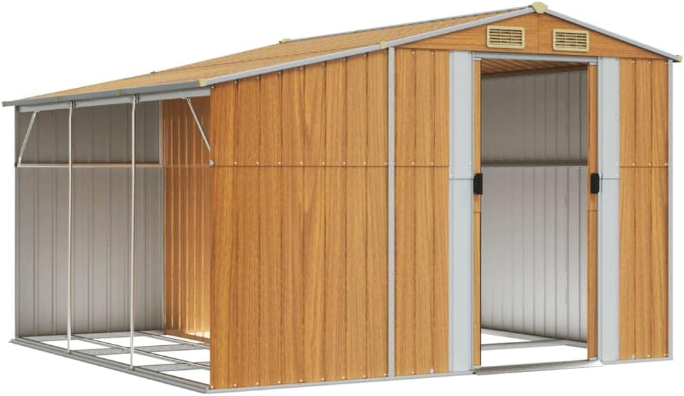 Abri de jardin en acier galvanisé avec support pour bois de chauffage et 4 ouvertures d'aération pour le stockage et la ventilation Marron clair 277 x 279 x 179 cm