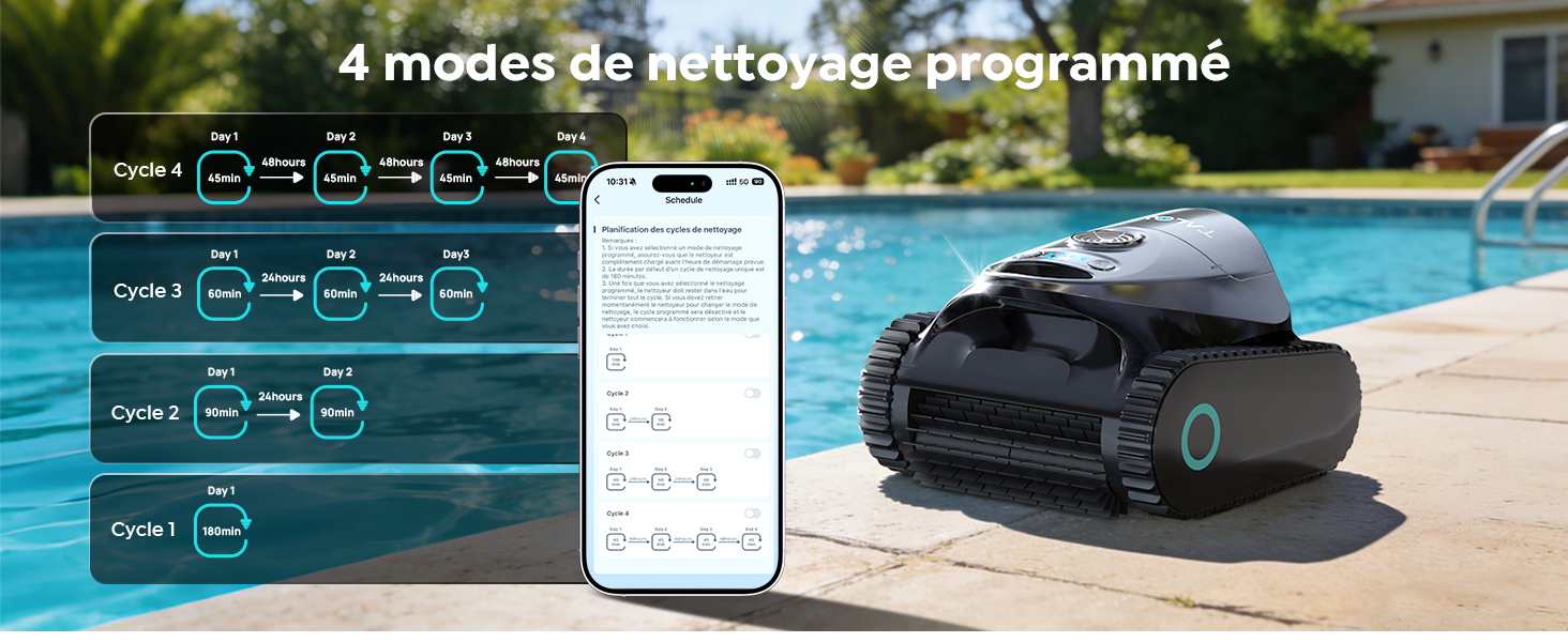 Le texte se lit comme suit : « 4 modes de nettoyage programmés ». Série d'images montrant un robot nettoyeur de piscine avec interface d'application pour smartphone et démonstration de nettoyage.