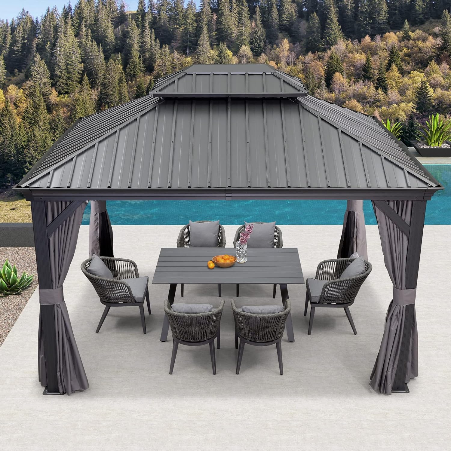 jardinito - pergola double toit acier 4x3m, moustiquaire, rideaux