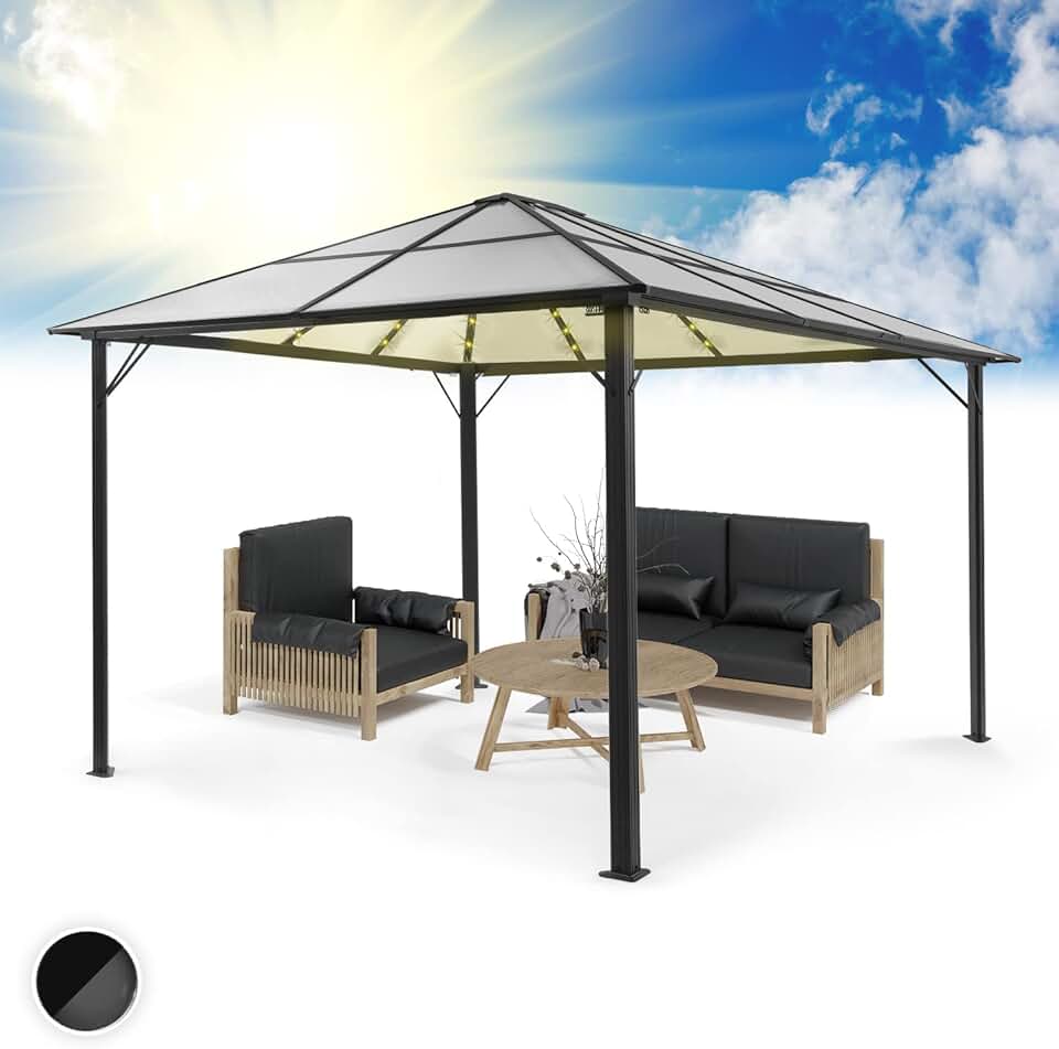 jardinito - Pergola aluminium série Jardin - 3x4m - toit polycarbonate rigide, éclairage LED, verre translucide