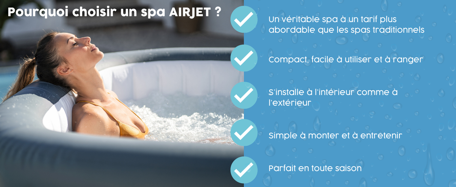 en français sur les bienfaits du spa. Répertorie les avantages, notamment la détente, la facilité d'utilisation, l'installation intérieure et extérieure, la simplicité de montage et l'utilisation tout au long de l'année.