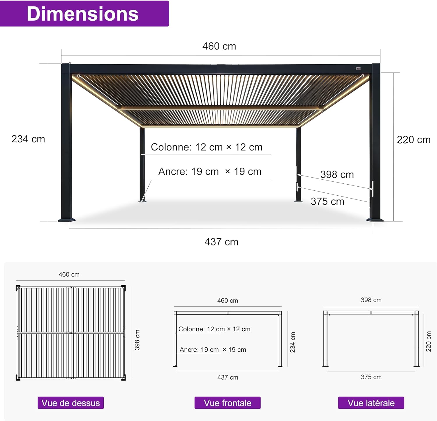 jardinito - Pergola bioclimatique alu 4x4.6m, lames LED, durable