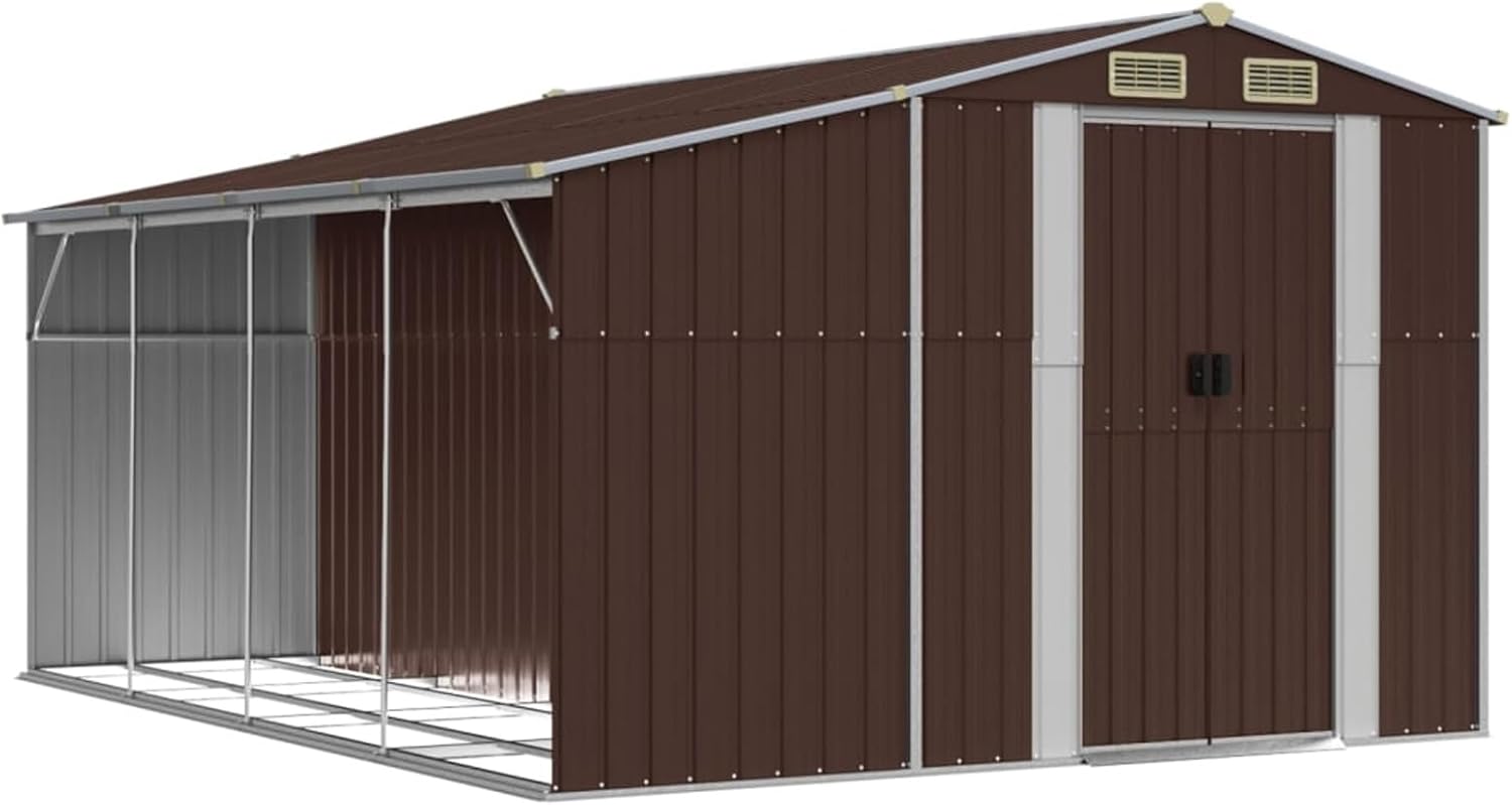 Abri de jardin en acier galvanisé pour outils, bûches et bunker à charbon – Toit incliné durable pour l'extérieur – 277 x 365,5 x 179 cm – Marron