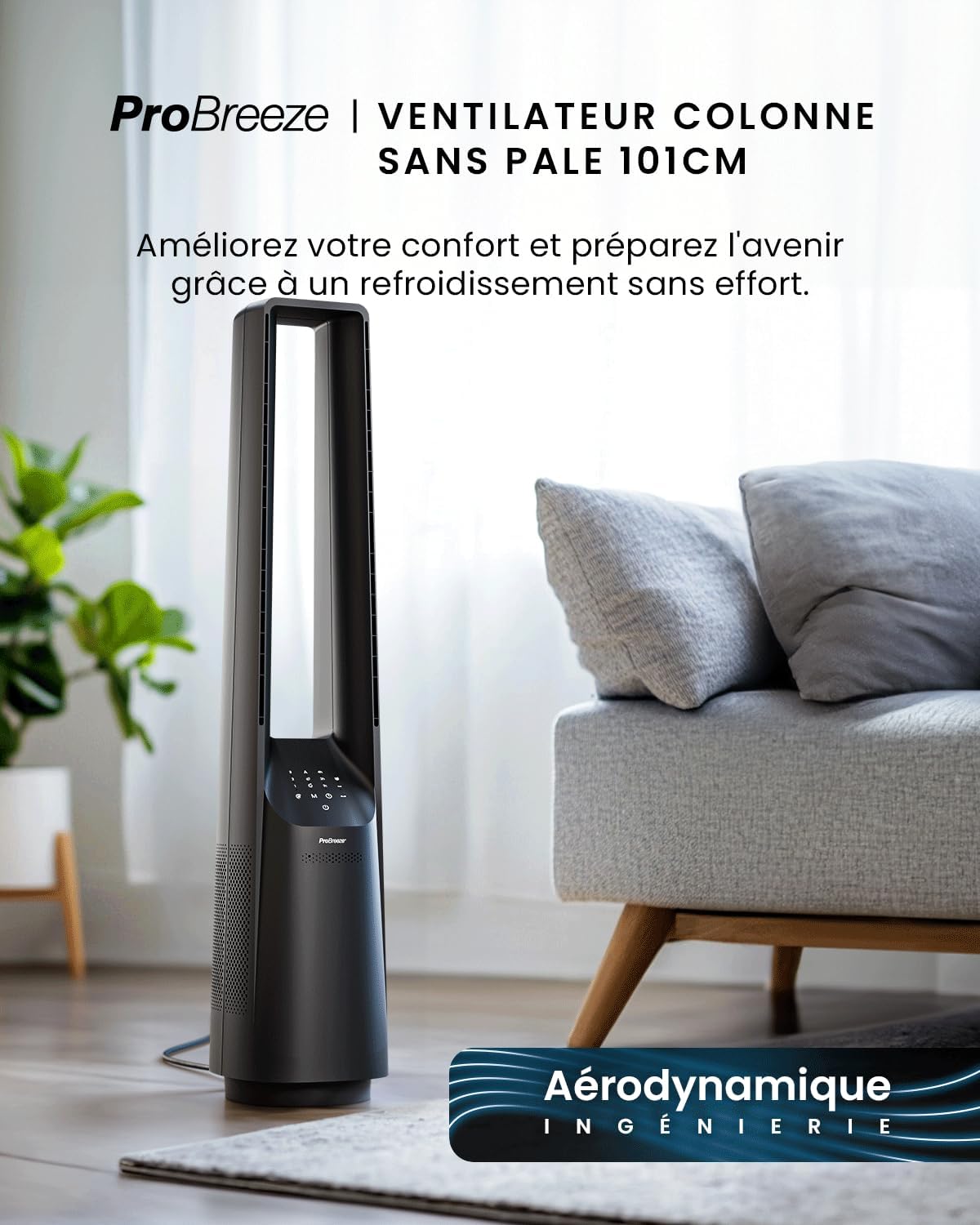jardinito - Ventilateur colonne sans pales - 101 cm - WiFi, ultra silencieux, LED, télécommande, 6 vitesses, 5 modes, o