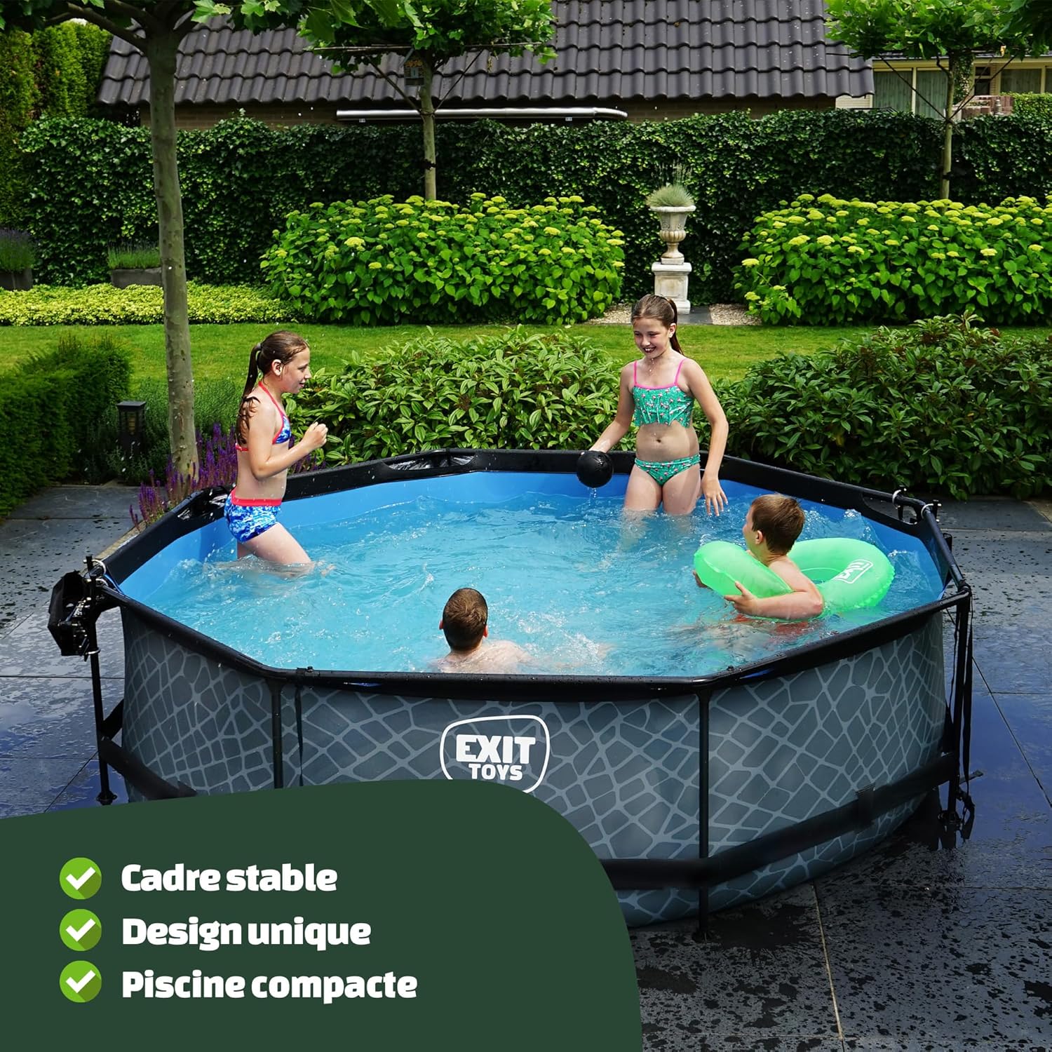 jardinito Piscine Tubulaire Stone - ø300x76cm - Piscine Hors Sol Ronde avec Pompe Filtrante à Cartouche - Entrée Basse - Idéal pour Les Jeunes Enfants - Cadre Stable - Design Unique - Gris