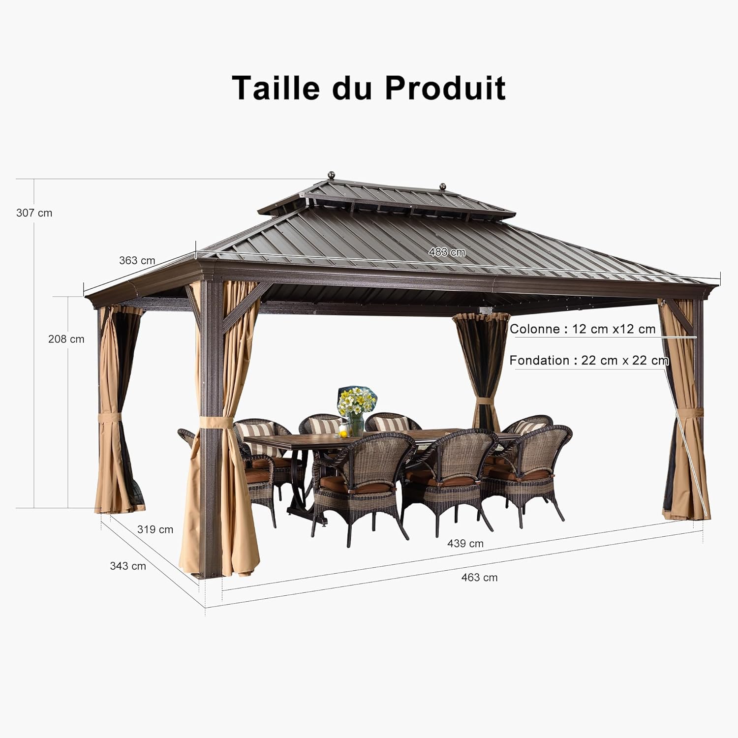 jardinito - Tonnelle aluminium série éclairée - 4,85x3,65 m - gouttière, rideaux moustiquaires, poteaux renforcés, bro