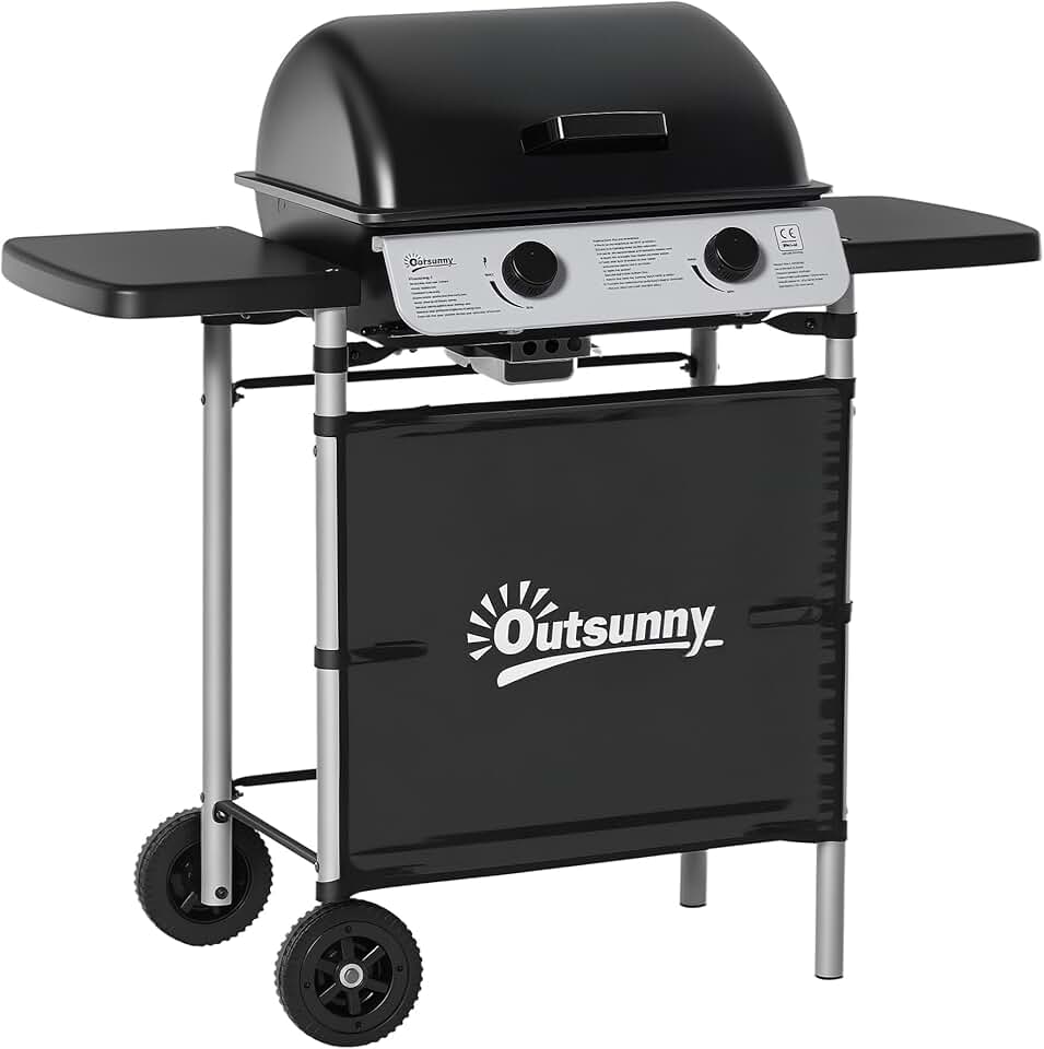 jardinito - Barbecue gaz 2 brûleurs inox, 2 grilles, 2,8kW, 2 étagères, 2 roues, noir