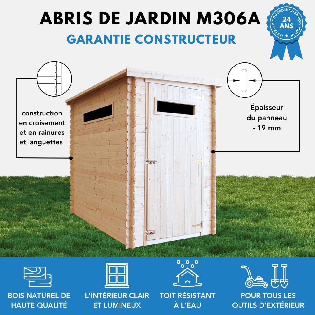 Abri de Jardin en Bois, Petite fenêtre, avec Sol TRAITÉ- Stockage extérieur l239xL144xH198 cm/2.63 m2 - Petit abri à Outils, Local à vélos - Toit imperméable, fenêtres jardinito M306A+M306G