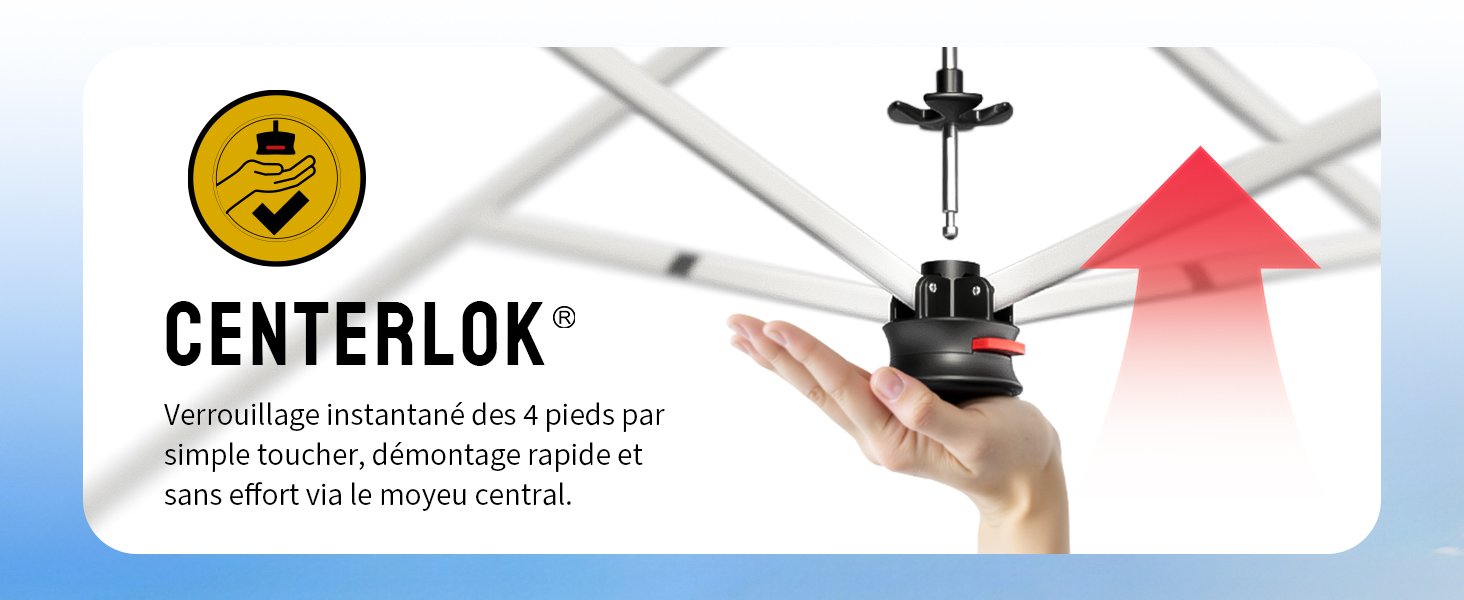 Le texte indique « CENTERLOK® » avec un logo circulaire jaune et le texte en français « Verro-uilage instantanée des 4 pieds par almable bouche, démontage rapide de sans effort via le revoyau rotatif ». L'image montre des mains montrant un hélicoptère ou un drone blanc doté d'un mécanisme Centerlok.