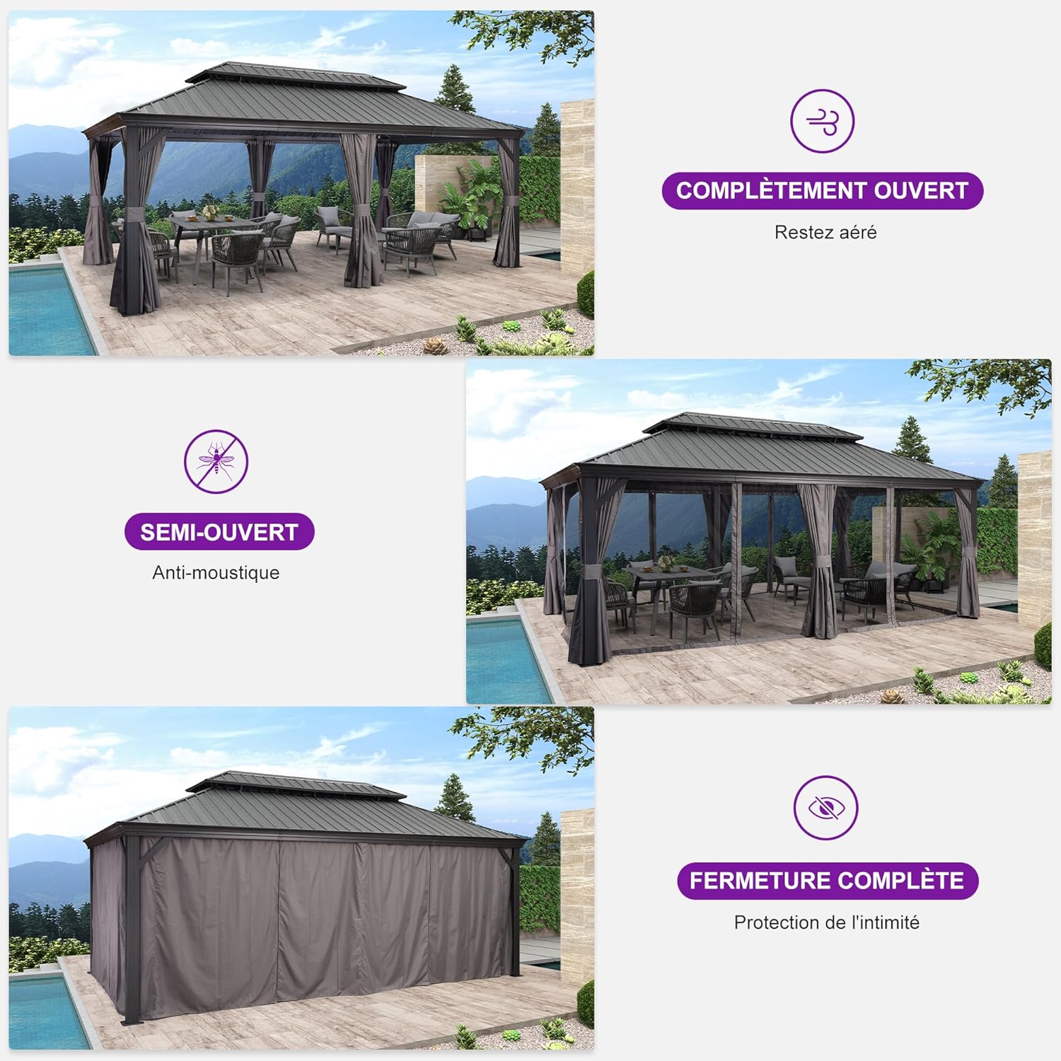 jardinito - Pergola double toit acier - 6x3,65m - moustiquaire, rideaux, gouttière, poteaux renforcés
