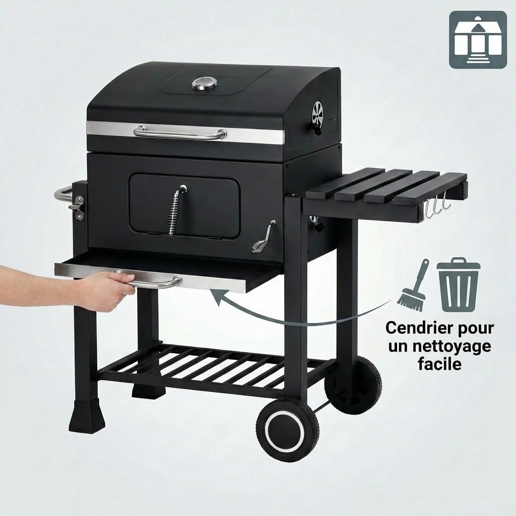 jardinito - Memphis - acier, grille, tablette pliable, roulettes, thermomètre, bac à cendres