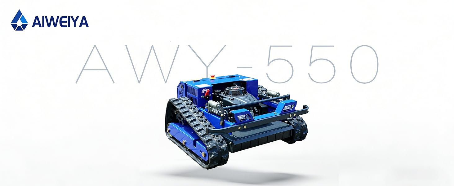 Le texte indique « jardinito » et « AW-550 ». Véhicule robotique à chenilles bleu avec des marches en forme de char, représenté en perspective 3D sur fond blanc. Image de présentation du produit technique.