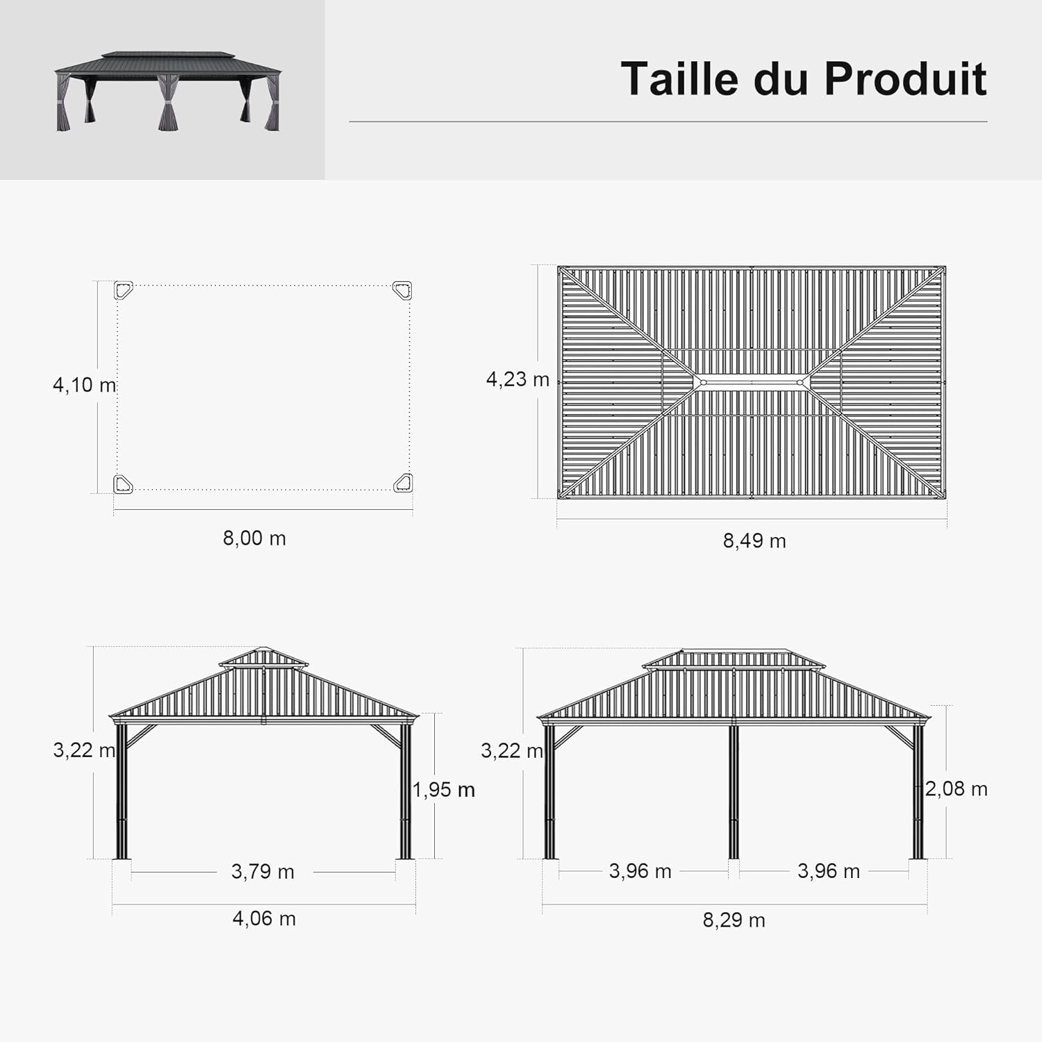 jardinito - tonnelle extérieure - 8,5x4,25m - toit acier, rideaux, moustiquaire