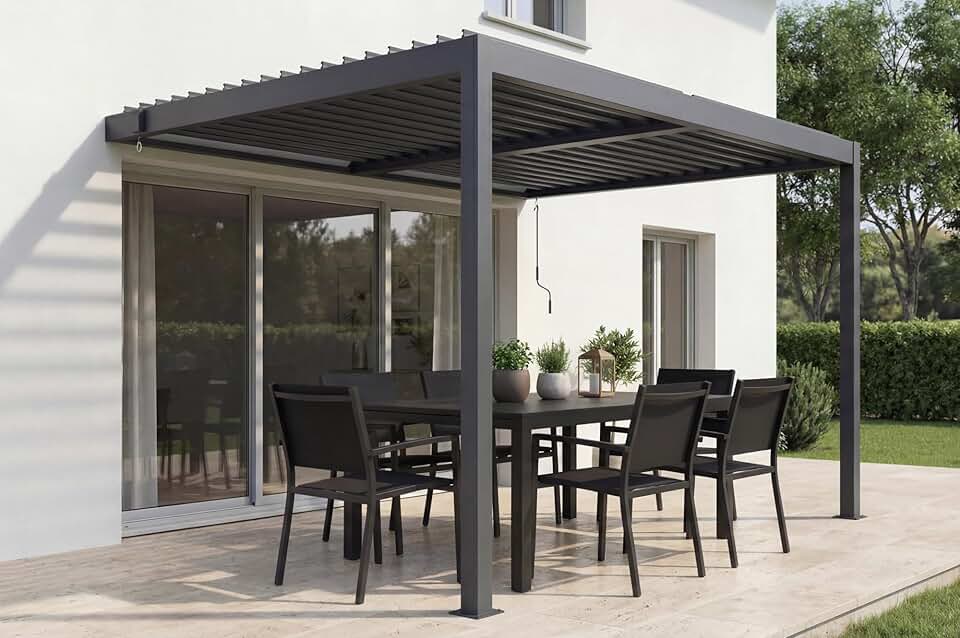 jardinito - Piana 3x2m - pergola adossée aluminium, gris, 1 persienne