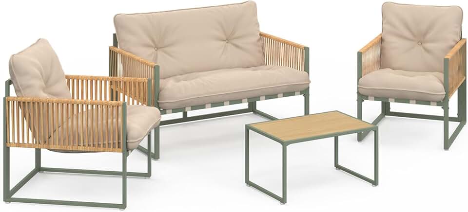 jardinito - Rio - salon bas 4 places métal vert, cordage rotin, coussins beige