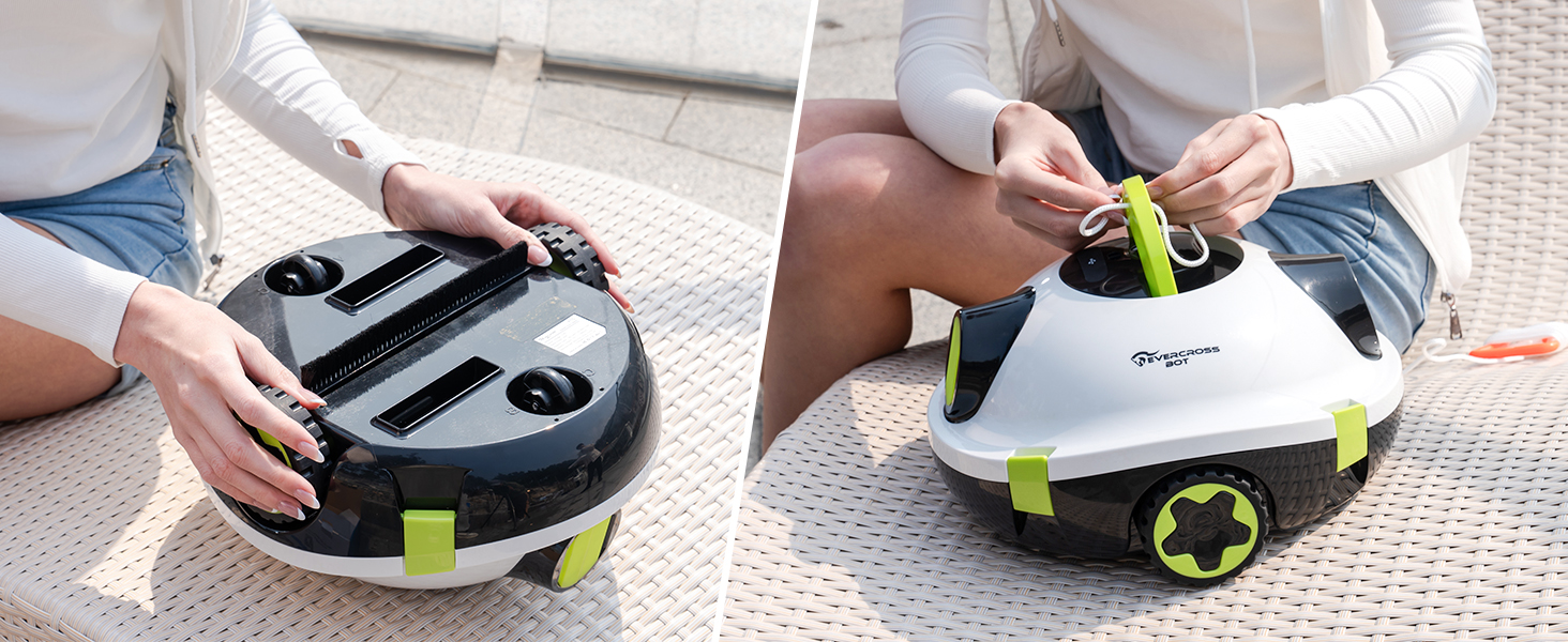 Démonstration séquentielle de la maintenance des aspirateurs robotiques, montrant les étapes à suivre pour vider et nettoyer le bac à poussière sur un tapis.